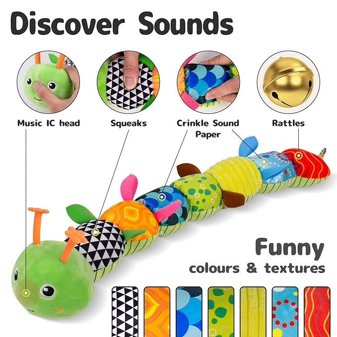 Sumobaby Infant Baby Musical Stuffed Animal Activity Soft Toys with Multi-Sensory Crinkle, Rattle and Textures, for Tummy Time Newborn 0-3-6-12 Months Boys, Girls, Caterpillar-CubbioJoy