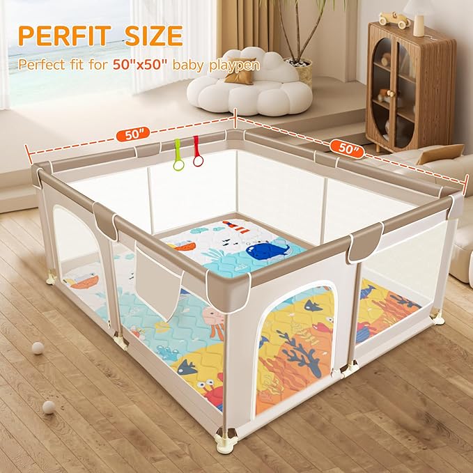 Baby Play Mat - Thicken 50x50 Inch Soft Foam Crawling Mat for Playpen & Floor, Non-Slip Waterproof Playmats for Infants & Toddlers, Portable Foldable & Machine Washable, Ocean World-CubbioJoy