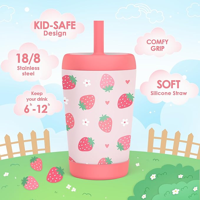 Kid Insulated Stainless Steel Tumbler with Silicone Straw, 12oz Sippy Cup for Kids (Strawberry)-CubbioJoy