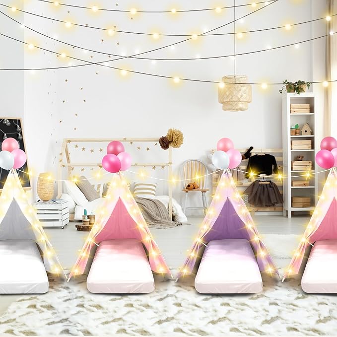 6 Pack Sleepovers Teepee Tent for Kids Bulk with Mattress Sheet Light,Natural Cotton Washable Indoor Play Tent for Birthday Slumber Party Girls Boys Pajama Movie Night Supplies(Pink, Purple, White)-CubbioJoy