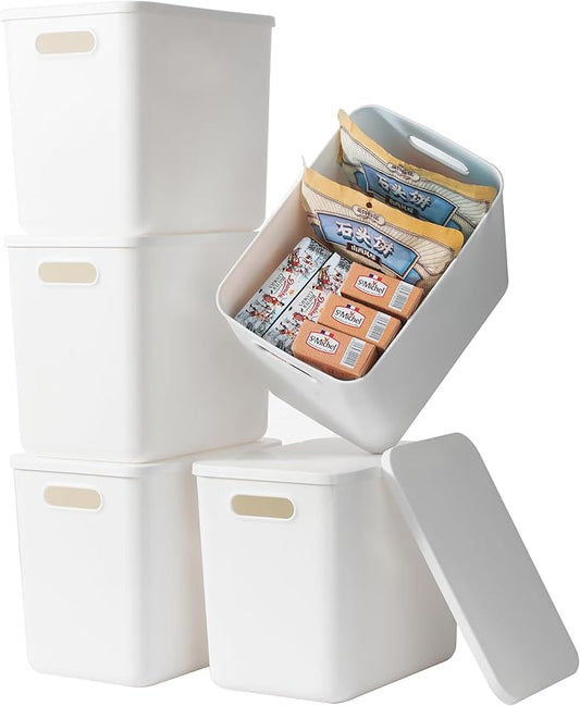5 pack large plastic White storage bins with Lids, Toy Box Chest with Handle，Organizer Containers Baskets for Baby,Nursery，Shelves，Playroom, Bedroom，Office,Closet，home (White, 5L)-CubbioJoy