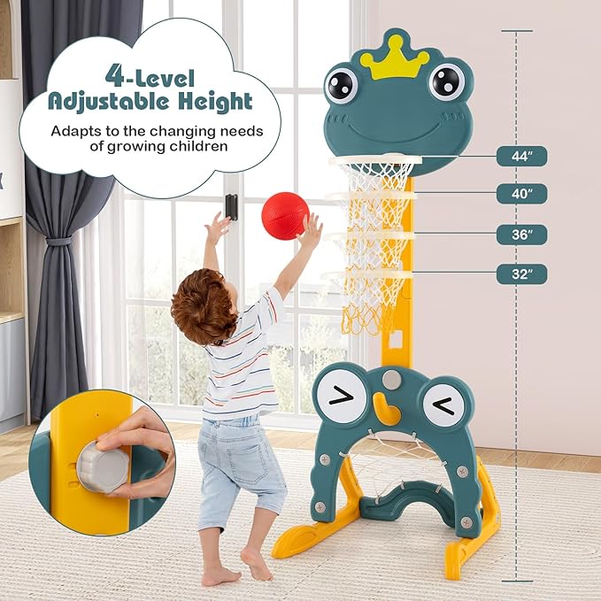 Costzon Toddler Basketball Hoop, 4-in-1 Kids Sports Activity Center with Rim, Soccer Goal, Golf, Ring Toss, Height Adjustable Kids Basketball Hoop with Fillable Base for Indoor Outdoor (Green Frog)-CubbioJoy