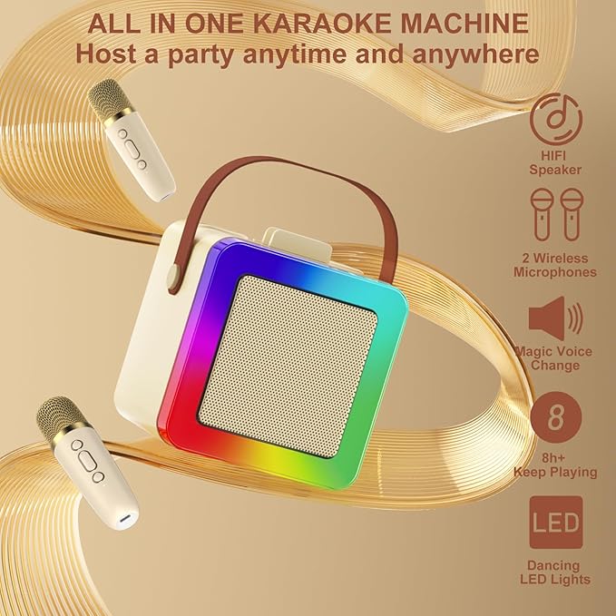Karaoke Machine for Kids Adults, Portable Bluetooth Karaoke Speaker with 2 Wireless Microphones, Karaoke System with Mics Storage Hole and Lights, Birthday Gifts for Girls Boys Family Home Party-CubbioJoy