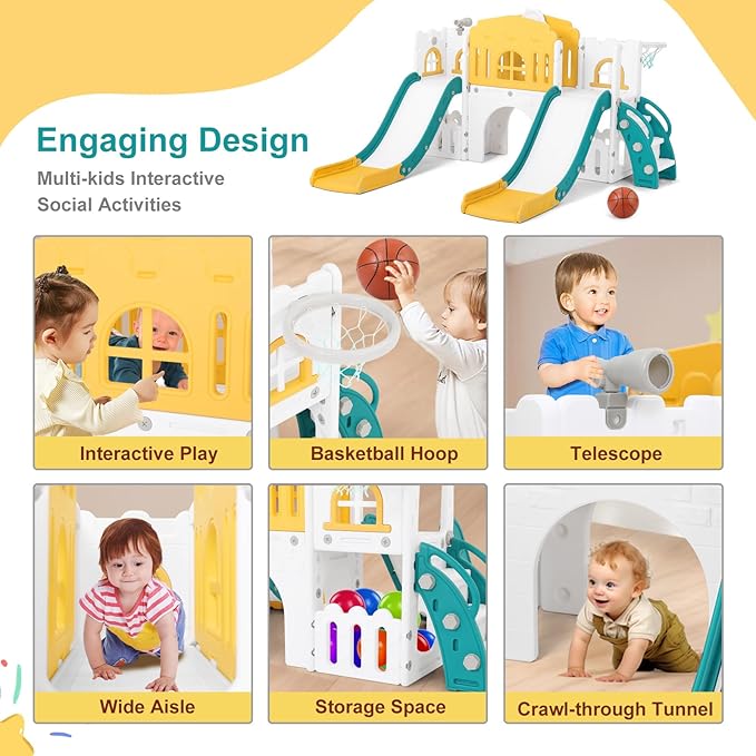 JOYLDIAS 9 in 1 Toddler Slide, Toddler Playground with Double Slides, Climber,Basketball Hoop,Tunnel, Telescope, Storage Space and Non-Slip Step, Indoor Outdoor Backyard Playset for Toddlers Age 1-3+-CubbioJoy