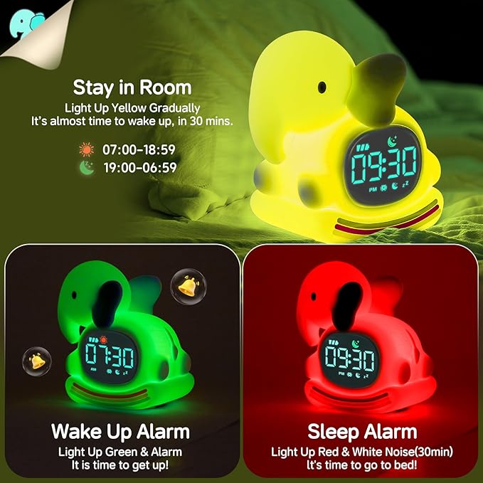 Alarm Clock for Kids with Night Light, Sleep Training Clock Time to Wake Clock, Rechargeable Silicone Light for Bedroom, Perfect Sleep Companion for Boys Girls, Green Elephant-CubbioJoy