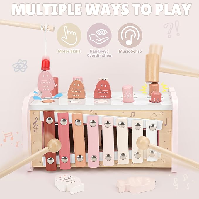 Joyreal Montessori Toys for 1 Year Old Girl Gift - Pink Wooden Hammering Pounding Toy with Xylophone & Fishing Game - Toddler Learning Activities for Kids 1+ 2 3 Year Old Christmas Birthday Gifts-CubbioJoy