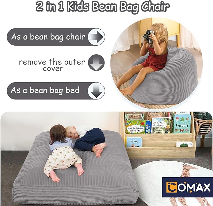 COMAX Kids Bean Bag Chair Turn into Beanbag Bed, Toddler Bean Chair Corduroy for Girl Boy Sleeping, Lazy Children Bean Bags with Filler, Convertible Child Floor Mattress, Light Grey-CubbioJoy