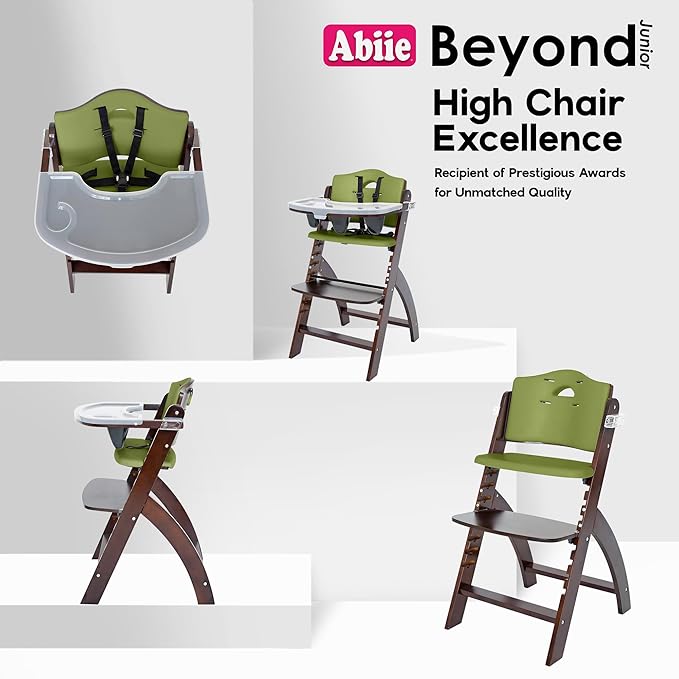 Abiie Beyond Junior Wooden High Chair with Tray - Adjustable and Convertible High Chair for Babies and Toddlers - 6 Months to 250 Lb - Water Resistant - Mahogany Wood/Olive Cushion-CubbioJoy
