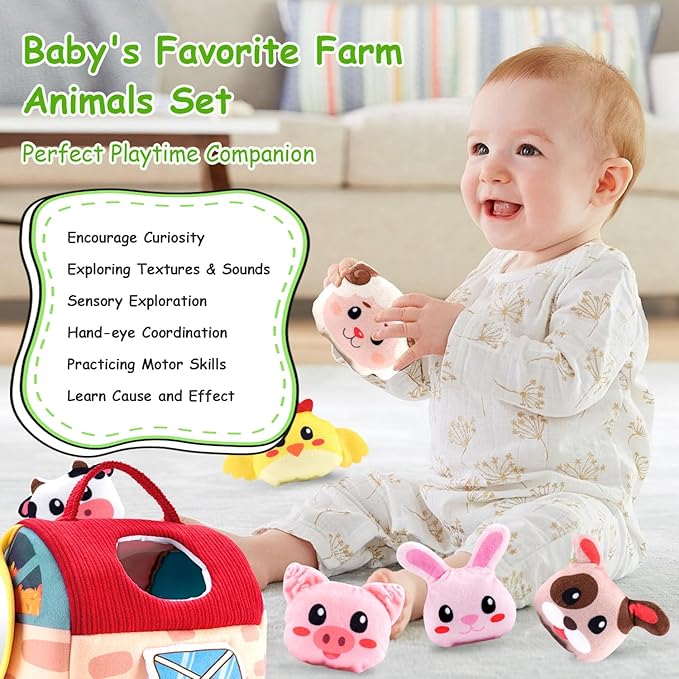 Baby Toys 6-12 Months, Soft Barn Toy with 6 Stuffed Farm Animals, Rattle, Crinkle, Mirror, Sensory Toys for Toddlers 1-3, 6 7 8 9 10 Month Old Baby Toys, Montessori Toys Gift for 1 Year Old Boy Girl-CubbioJoy