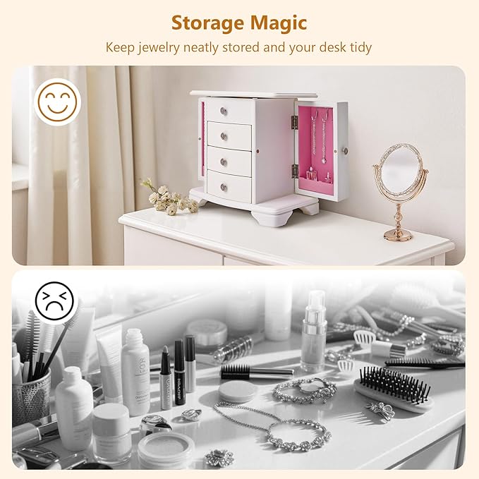 Jewelry Box,White Wooden Jewelry Box With Top Mirror, Jewelry Organizer Wooden Is Suitable For Storing Rings,Bracelets,Necklaces Etc-CubbioJoy