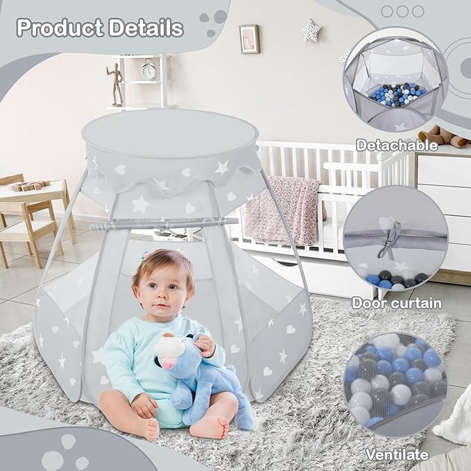 Baby Ball Pit for Toddler with 50 Balls, Kids Pop Up Play Tent for Girls, Princess Toys Gifts for Children Indoor & Outdoor Playhouse (Gray: Gray/White/Babyblue, 109x90cm/50 Balls)-CubbioJoy