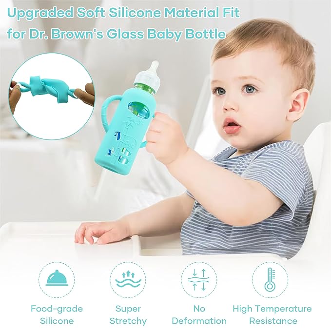 2 Pack Silicone Sleeves for Dr. Brown's Glass Baby Bottles, Anti Breakage Durable Baby Bottle Holder with Easy Grip Handles, Narrow Sleeve with a Cutout, Dishwasher/Freezer/Microwave Safe, 8 oz-CubbioJoy