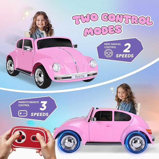 12V Kids Electric Car, Power Wheels with Remote Control, Ride on Car Toys with LED Light, 3 Speeds, Music, Pink-CubbioJoy