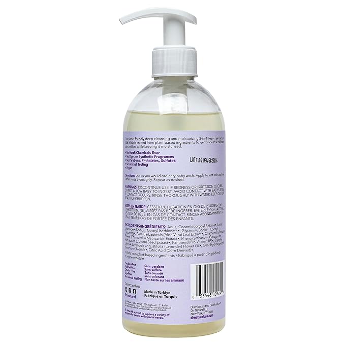 Dr. Natural 3-in-1 Tear-Free Baby Plus Kids Soap - Head-to-Toe Soap and Shampoo - Sensitive Skin Moisturizing Body Wash - Lavender - 16 oz-CubbioJoy