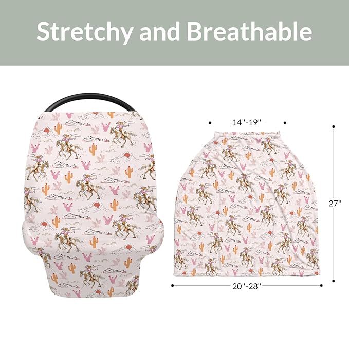 Cute Pink Cowgirl Car Seat Cover for Baby Western Cowgirls Horse Cactus Mountain Sunset Stretchy 5-in-1 Covers Adjustable Infant Carseat Canopy Cover Wild West Desert Breathable Nursing Cover-Up-CubbioJoy