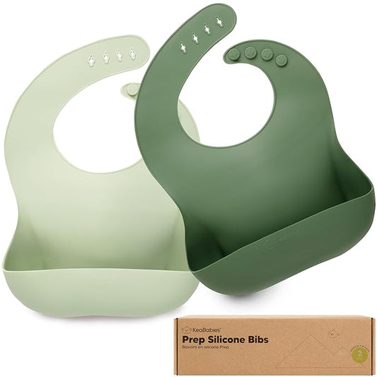 KeaBabies 2-Pack Silicone Baby Bibs for Eating - Sturdy Food-Grade Silicone Bibs for Babies Girl, Boy, Large Food Catcher, Clean & Put On Easily, Waterproof Toddler Feeding Essentials (Forest)-CubbioJoy