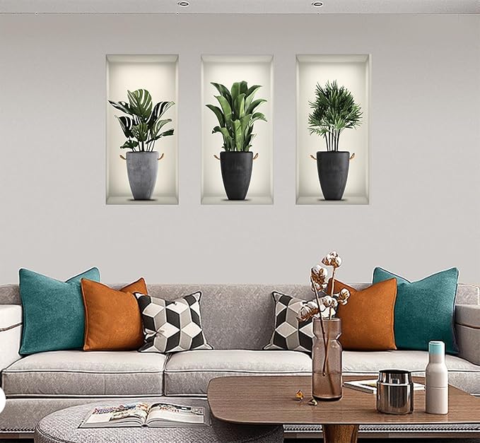 3D Green Pot Plants Wall Decals, Tropical Potted Wall Stickers, Creative Vinyl Peel and Stick Removable Wall Art Decor for Bedroom Living Room Kitchen(3D Green Plants 02)-CubbioJoy
