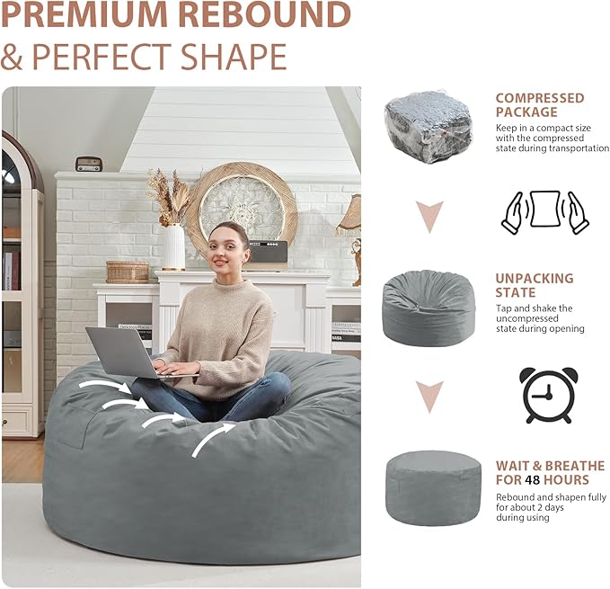 3FT Bean Bag Chair, Comfy Bean Bag Chairs with Memory Foam Filled, Fluffy Beanbag Sofa with Dutch Velvet Cover, Round BeanBag Chairs for Living Room, Playroom - Light Grey-CubbioJoy