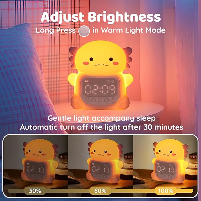 Axolotl Alarm Clock with Night Light for Kids, Rechargeable Silicone Lamp Time to Wake Clock，Cute Animal Tabletop Lamp, Perfect Sleep Companion for Boys Girls-CubbioJoy