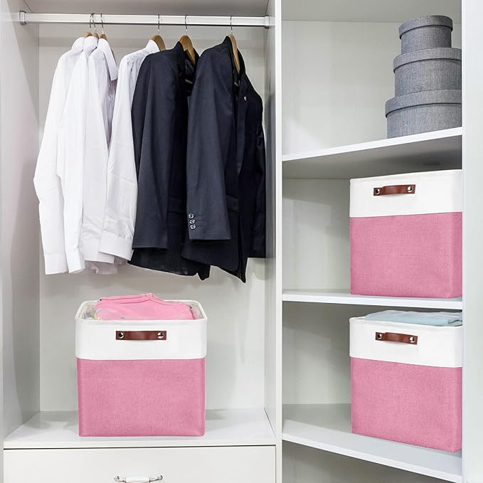 13x13 Cube Storage Bins, Collapsible Fabric Storage Box, 4 Pack Closet Baskets with Handles for Organizing, Shelf, Toys, Clothes, Home, Office, Nursery (Pink&White)-CubbioJoy