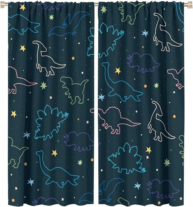 Cartoon Colorful Dinosaur Curtains for Kids Boys Girls Home Decor, Astronaut Funny Outer Space Star Blackout Rod Pocket Window Drapes for Bedroom Living Room W27.5xL63in 2 Panels-CubbioJoy