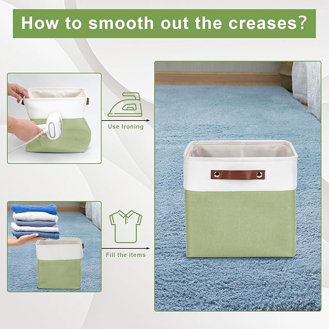 Collapsible Fabric Storage Cubes 11x11 Cube Storage Bins, 4 Pack Closet Baskets Box with Handles for Organizing, Shelf, Toys, Clothes, Home, Office, Nursery (Green&White)-CubbioJoy