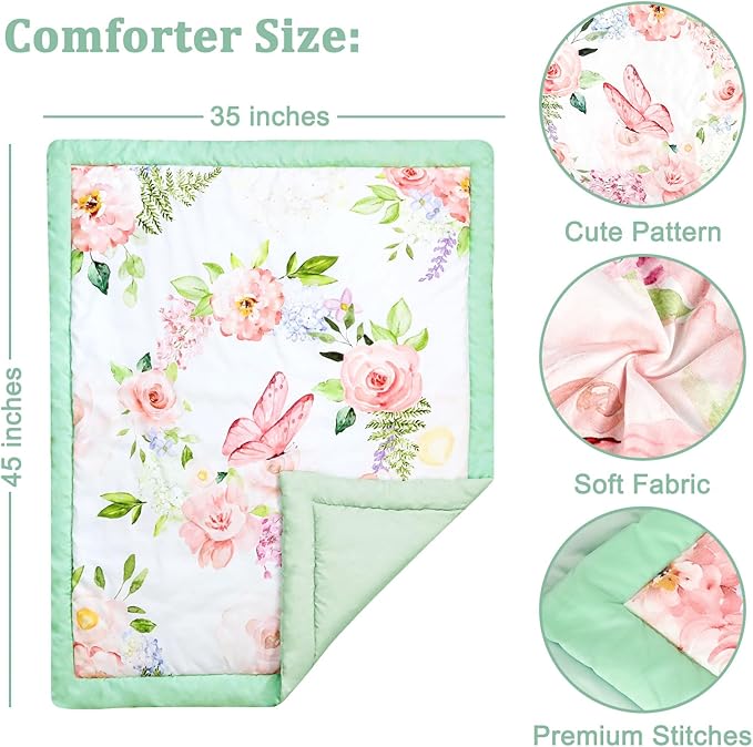 4-Piece Crib Bedding Set, Baby Girl Crib Bedding Set Butterflies Floral Nursery Bedding Set Includes Comforter, Fitted Crib Sheet, Crib Skirt, and Diaper Stacker, Green & Pink-CubbioJoy