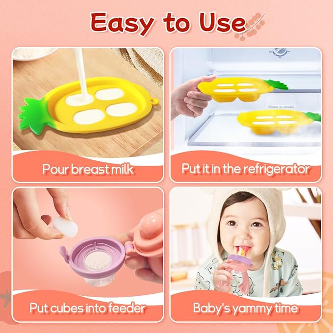 Baby Fruit Food Feeder - Silicone Nibble Tray Combo - Breastmilk Popsicle Mold for Cooling Relief, BPA Free Mesh Feeder for Infant Self Feeding (Antler Pink + Pineapple)-CubbioJoy