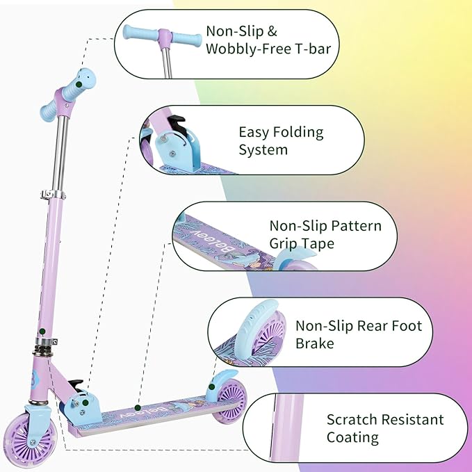 BELEEV V2 Scooters for Kids with Light-Up Wheels & Stem & Deck, 2 Wheel Folding Scooter for Girls Boys, 3 Adjustable Height, Non-Slip Pattern Deck, Lightweight Kick Scooter for Children Ages 3-12-CubbioJoy