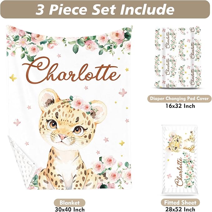 Custom Name Crib Bedding Set - Leopard Theme, Personalized Yellow Flower Nursery Bedding 3-Piece Set– Soft Blanket, Fitted Sheet, Changing Pad Cover – for Newborns Girls Nursery Gifts-CubbioJoy