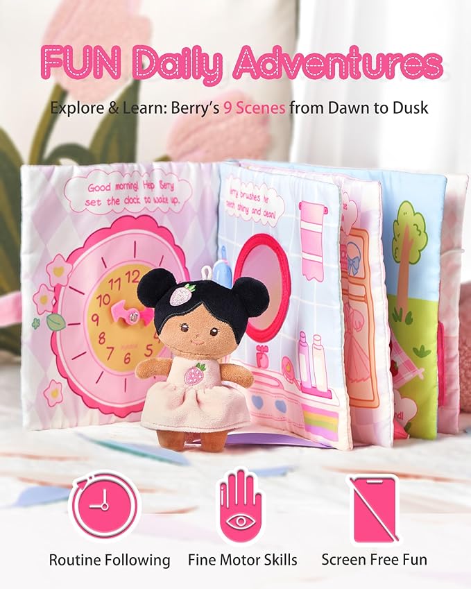 Interactive Sensory Soft Cloth Book, Educational Crinkle Quiet Activity Busy Book for Babies,Toddler Travel Toy Gift for 1-3 Year Old Boys and Girls (A Berry Special Day)-Tanned-CubbioJoy