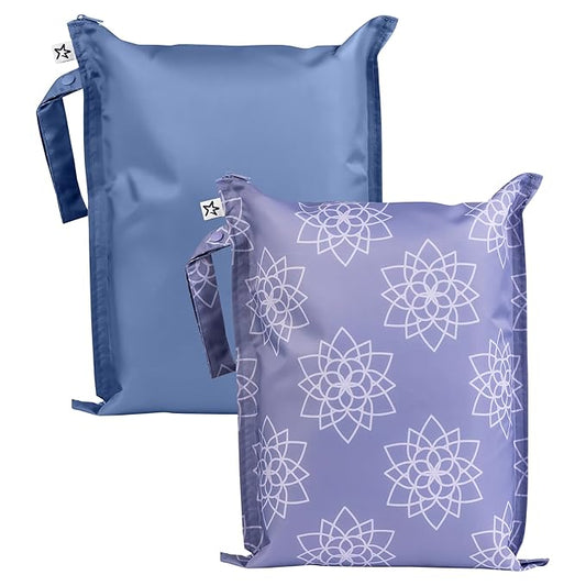 Tiny Twinkle Mess-Proof Waterproof Wet Dry Bag | 2-Pack Reusable Wet Bags for Swimsuits & Baby Clothes | Leakproof Wet Bag for Travel & Diaper Changes for Baby (Lotus)-CubbioJoy