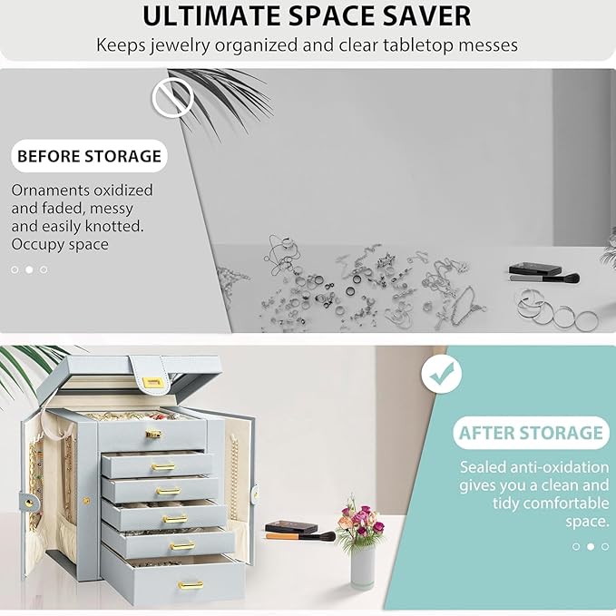 AKOZLIN Functional 6-Tier Jewelry Box Organizer with 5 Drawers Leather Jewelry Storage Case for Women Girls Ring Necklace Earring Bracelet Holder Organizer with Mirror Grey-CubbioJoy