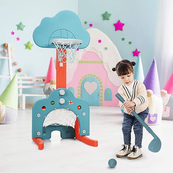 Costzon Kids Basketball Hoop, Toddler Sports Activity Center w/ 5 Adjustable Height Levels, Basketball Soccer Golf Game Set, Indoor Outdoor Basketball Hoop Set Gift for Baby Infant-CubbioJoy