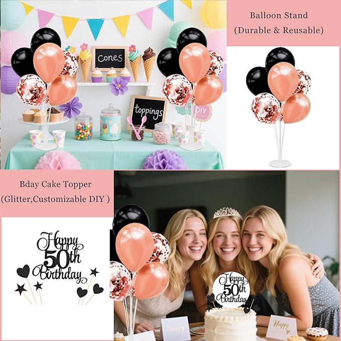 50th Birthday Decorations for Women - 56pcs Rose Gold Happy 50th Banner, 50th Birthday Crown Sash, Cake Topper, Number 50 balloons, 3D Butterflies, 4 Balloon Stands kits-CubbioJoy