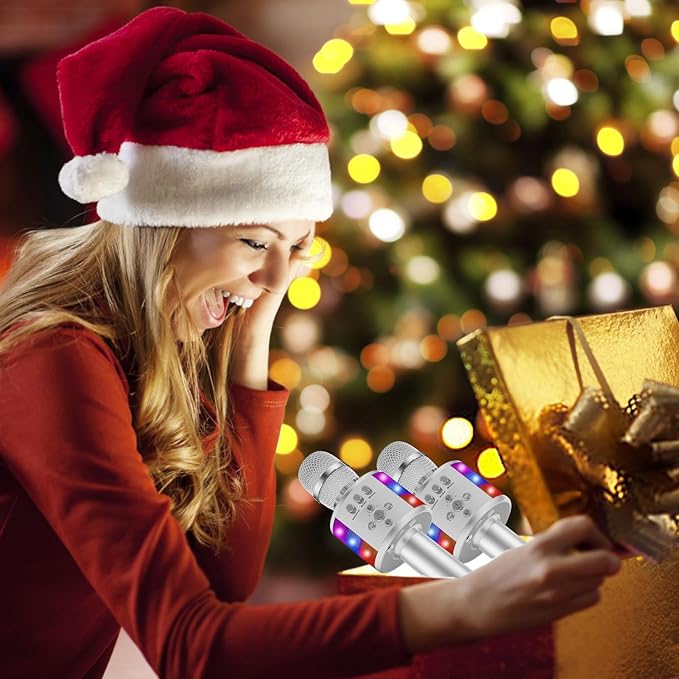 BONAOK Karaoke Microphone for Kids & Adults - Bluetooth Microphones Singing Mic with Disco Lights, Echo Effect, Built-in Speaker Portable Karaoke Player for Party Travel Gifts Q78(Silver)-CubbioJoy