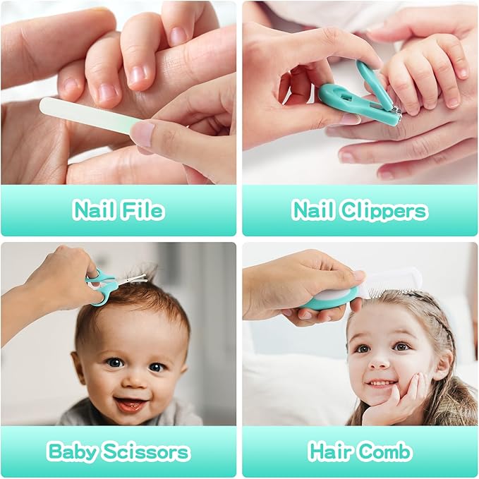 Baby Healthcare and Grooming Kit, 21 in 1 Portable Baby Essentials Kit with Gas Relief Hair Brush Comb Nasal Aspirator for Newborn Boys Girls (21 Kits-Green)-CubbioJoy