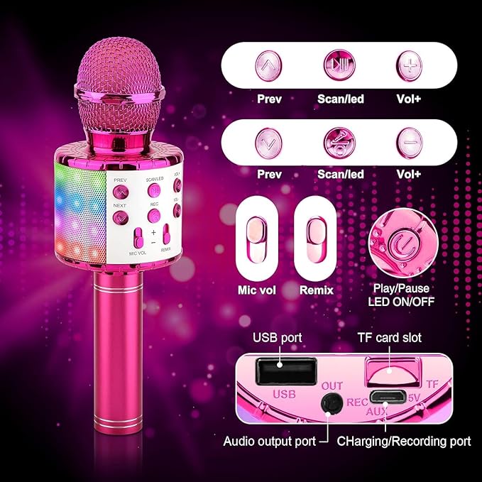 BlueFire 4 in 1 Karaoke Wireless Microphone with LED Lights, Portable Microphone for Kids, Great Gifts Toys for Kids, Girls, Boys and Adults (Purple)-CubbioJoy