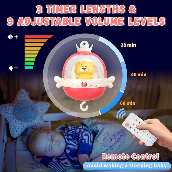 Baby Crib Mobile with Night Lights and Music,Hanging Mobile for Crib Bassinet with Rotation, Projection,Remote Control,Babies Crib Toys for Nursery Newborn Infant Boys Girls (Pink)-CubbioJoy