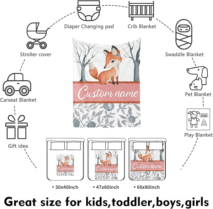 Custom Nursery Crib Bedding Set: Personalized Name 4 Piece Fox Pattern Baby Crib Sets for Girls - Toddler Double Layer Blanket Set, Comfortable Crib Bed Sheets for Baby Toddlers-CubbioJoy