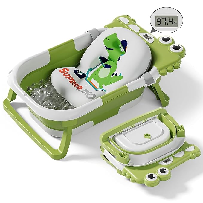 Collapsible Baby Bathtub for Newborn, Foldable Baby Bath Tub with Thermometer & Soft Floating Cushion & Drain Hole, Portable Travel Infant Bath Tubs for Newborns to Toddler 0-36 Months Girl, Green-CubbioJoy