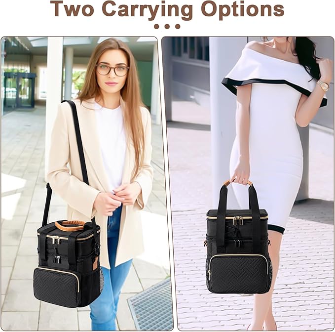 Breastmilk Cooler Bag with Ice Pack Fits 6 Baby Bottles Up to 9 Ounce, Expandable Double-Layer Leak-Proof Cooler Bag with Shoulder Strap for Nursing & Working Mom, Black-CubbioJoy