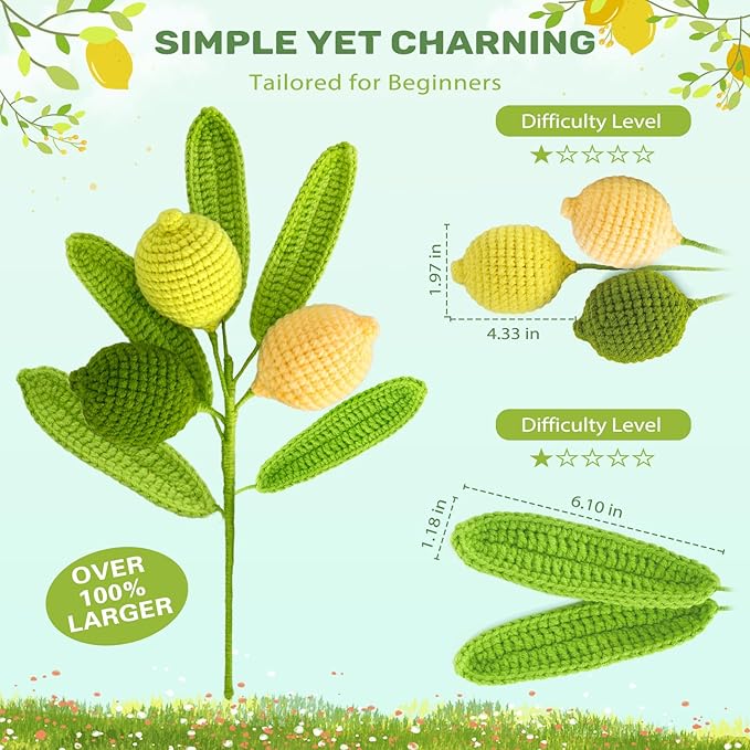 Crochetta Crochet Kit for Beginners, Crochet Kit w Step-by-Step Video Tutorials, Crochet Starter Kit Learn to Crochet Kits for Adults Kids Beginners, 3 Lemons Familly (40%+ Yarn Content)-CubbioJoy