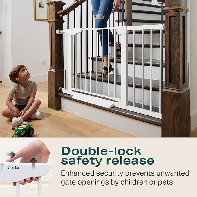 Cumbor 2 Pack 29.7-46" Baby Gate for Stairs, Mom's Choice Awards Winner-Auto Close Dog Gate for doorways, Easy Install Pressure Mounted Pet Gates indoor, Easy Walk Thru Wide Safety Gate for Dog, White-CubbioJoy