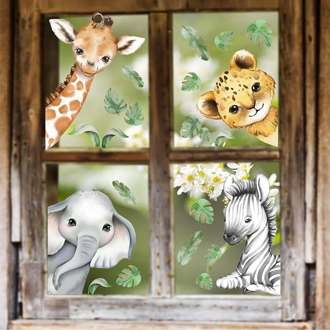22.44 x 21.25 Inch Watercolor Jungle Animal Window Clings Tiger Lion Elephant Zebra Window Stickers Double-Side Safari Animal Window Stickers for Baby Nursery Playroom Bedroom Window Glass Wall Decor-CubbioJoy