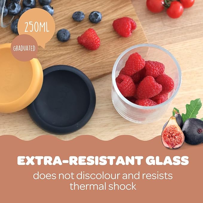 BEABA 2 Pack Glass Baby Food Jars with Soft Silicone Air Tight Lids, 8 oz Glass Storage Containers with Lids, Microwave and Freezer Safe Containers, Midnight-CubbioJoy
