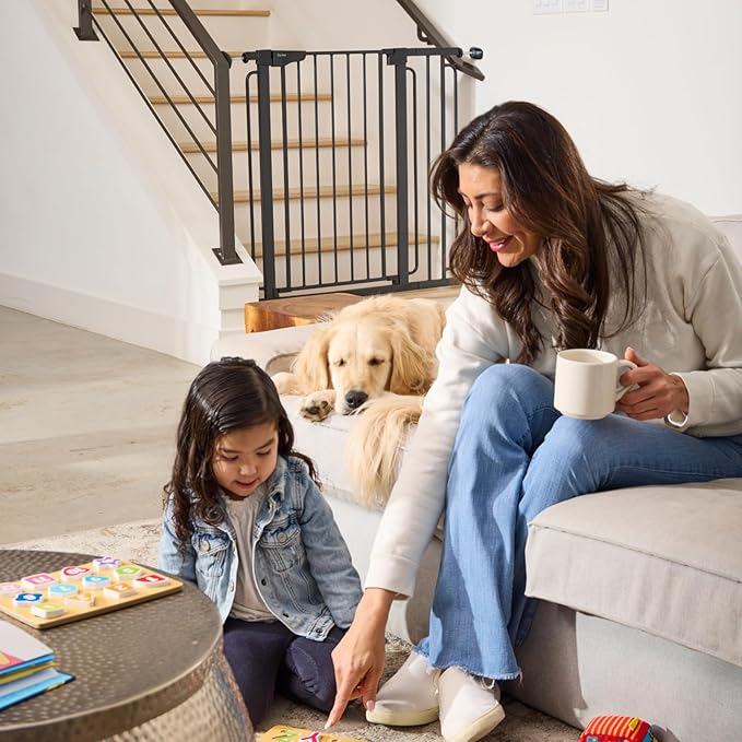 Cumbor 36" Extra Tall Baby Gate for Stairs, 29.7-57" Extra Wide Dog Gate for Doorways Hallways, Pressure Mounted Child Gate for Wide Opening, Auto Close Personal Safety for Babies and Pets, Black-CubbioJoy