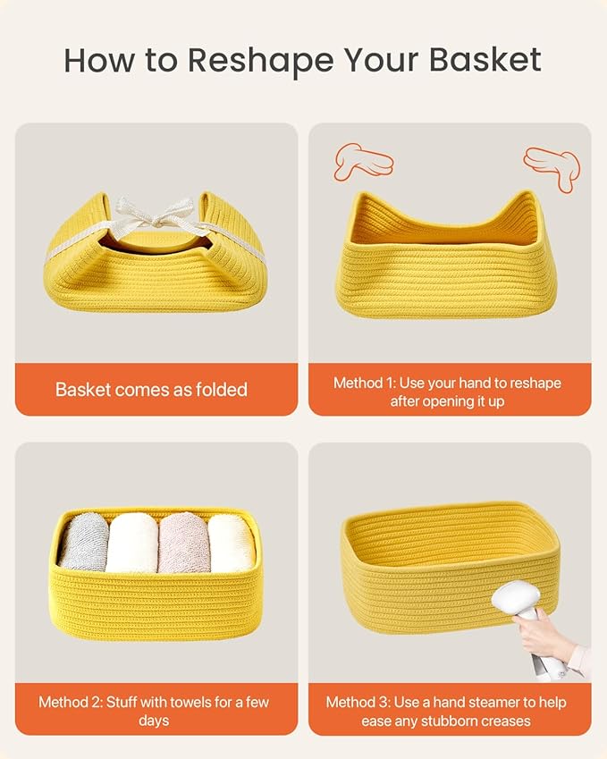 KALLAX Small Woven Basket, 12 x 8 x 4.5 Inches, Storage Basket for Organizing, Cute Small Rope Shelf Closet Cube Storage Bins Baskets for Shelves, Dog Toy Gift Baskets Empty, 3 Pack Yellow-CubbioJoy