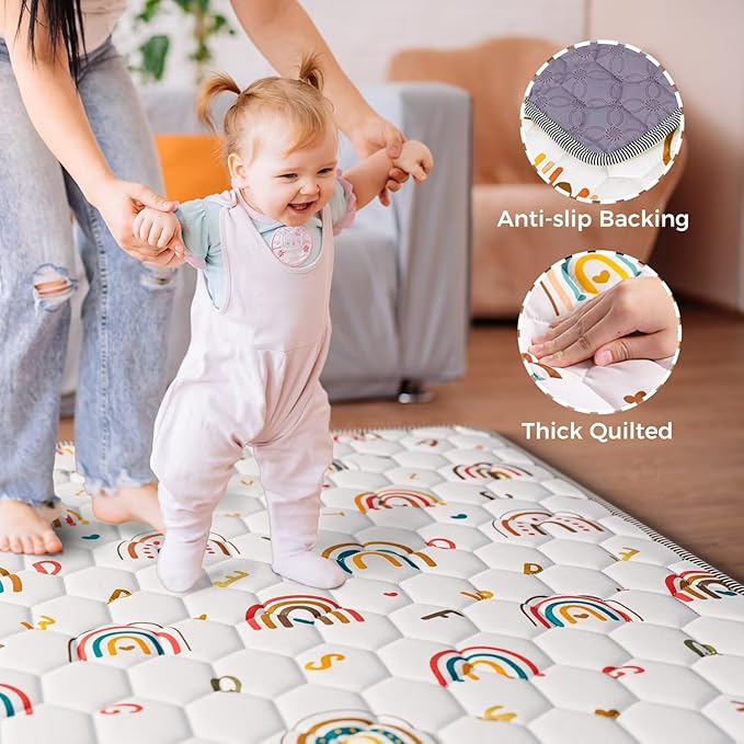 Boho Rainbow Baby Play Mat 50x50 Playpen Mat Thicken Soft Baby Crawling Mat Non-Slip Cushioned Baby Floor Mat with Letters, Activity Playmats for Babies Toddlers Play & Tummy Time (50X50,White)-CubbioJoy