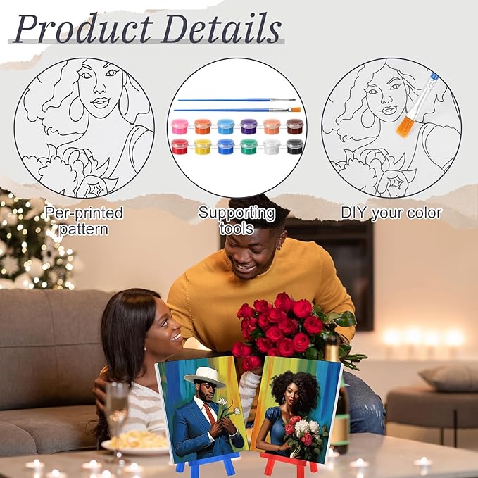 Blosssound 10 Set Pre Printed Canvas Pre Drawn Canvas Painting with Easel Kits 5" x 7" Outline Painting Panels for Beginners, DIY Craft Project, Party Favor, Home Decors(Black Couple)-CubbioJoy